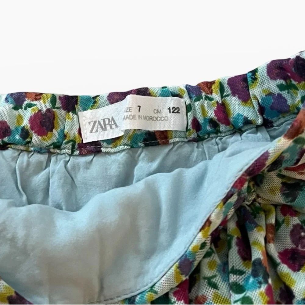 Zara Girls Size 7 Floral Ruffle Skirt |‎ Teal Magenta Purple | Elastic Waist